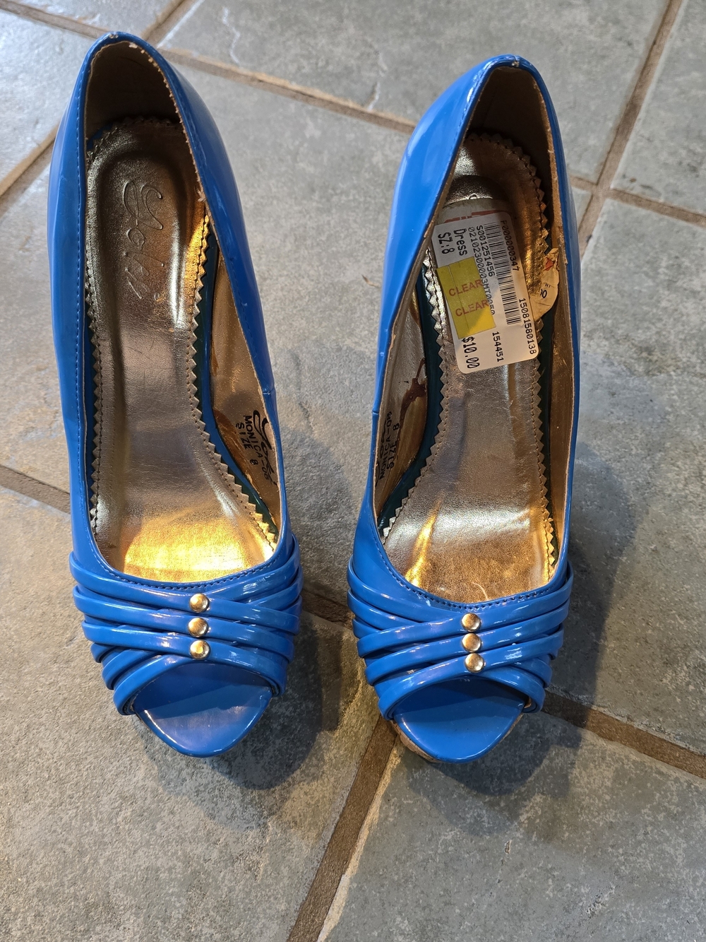 Yoki Blue Peep-Toe Wedge Heels with Gold Stud Accents